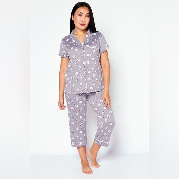 Rae Dunn Women 2 Piece Coffee Mug Print Soft Pajama Set Cropped Pant Gray Large - Picture 1 of 9